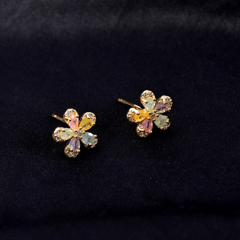 Multicolor Crystal Petal Flower Stud Earrings with Gold Finish for Women