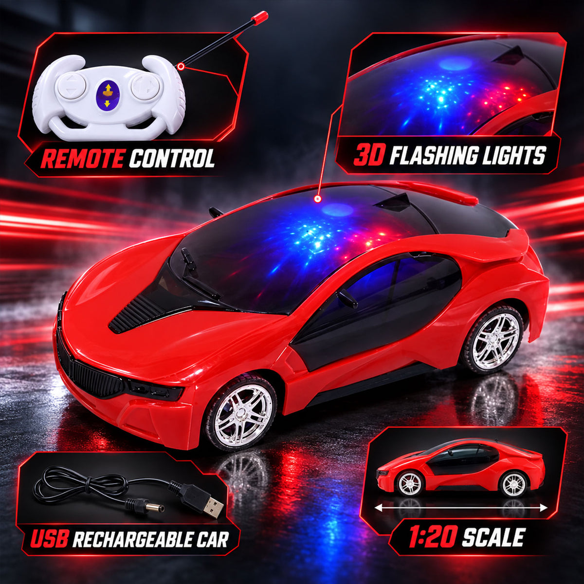 Rechargeable RC Sports Car Toy with 3D Sparkling LED Lights for Kids (1 Pc)