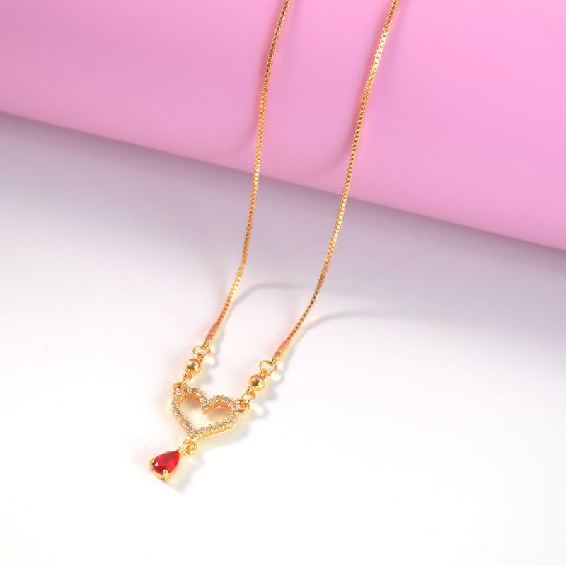 Gold-Plated Heart Pendant Necklace with Red Crystal Drop for Women