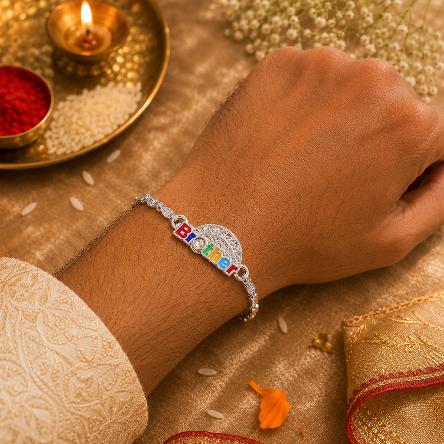 Brother Enamel Filigree Leaf Motif Silver Chain Designer Rakhi
