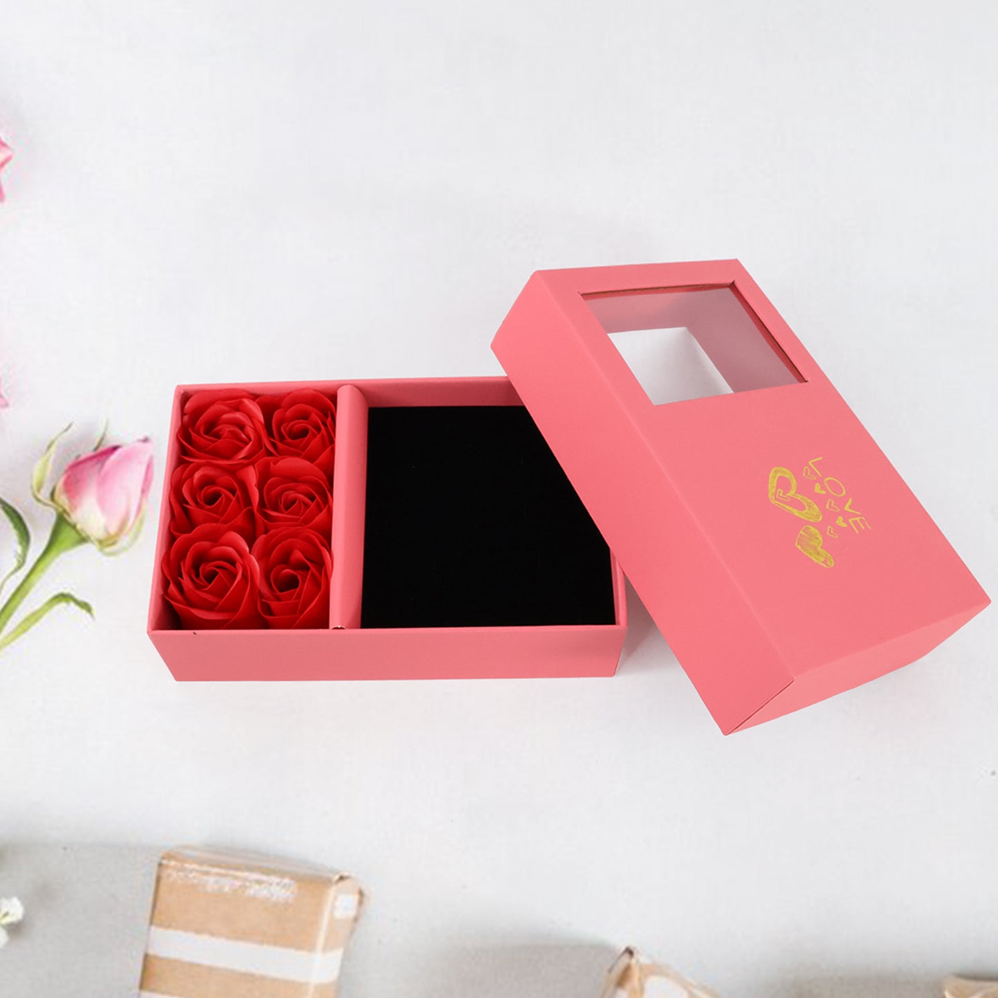 Jewellery Gift Box with Lids & Roses Packaging Box with 6 Roses (1 Set)