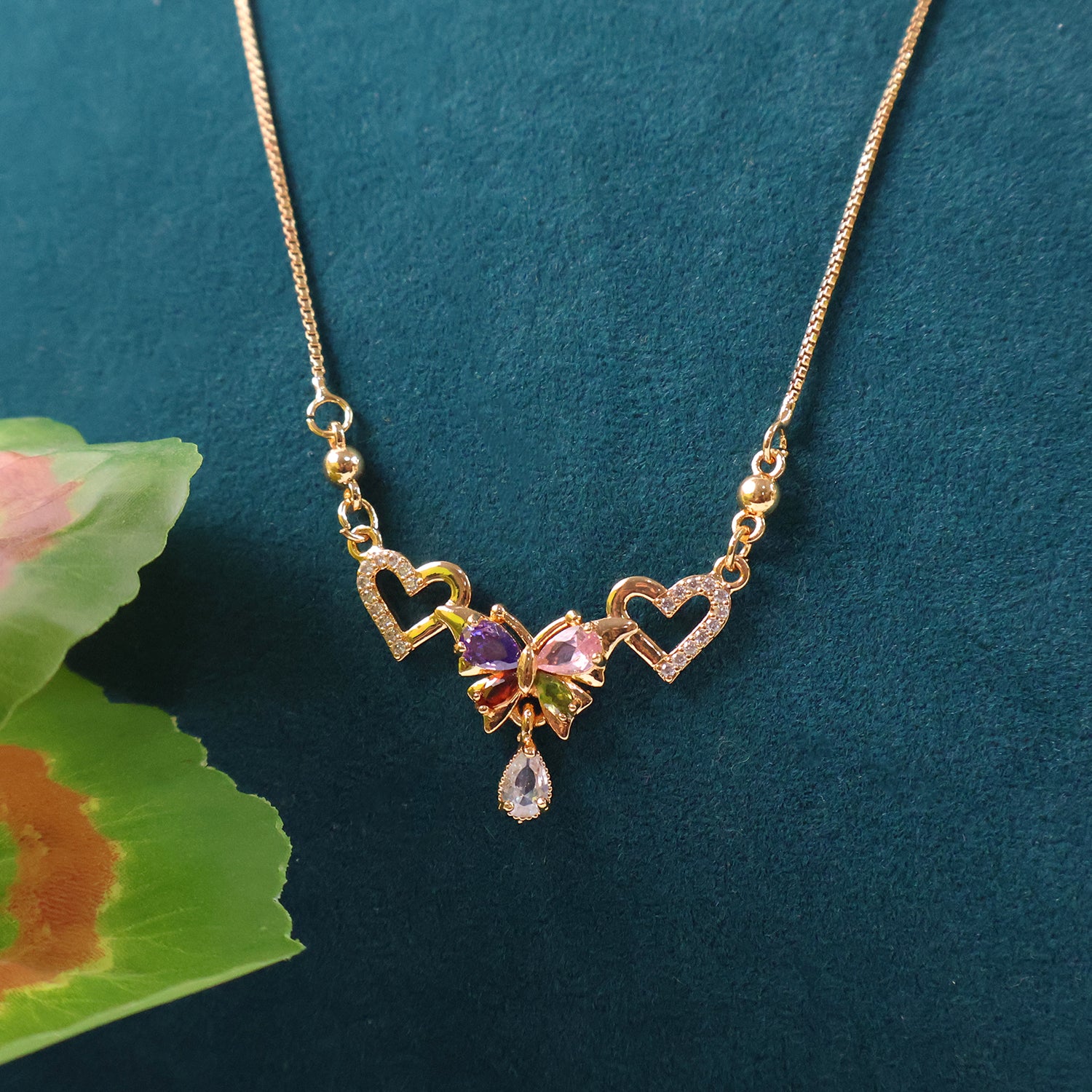 Multicolor Butterfly Design Gold-Plated Pendant Necklace with Heart Accents for Women