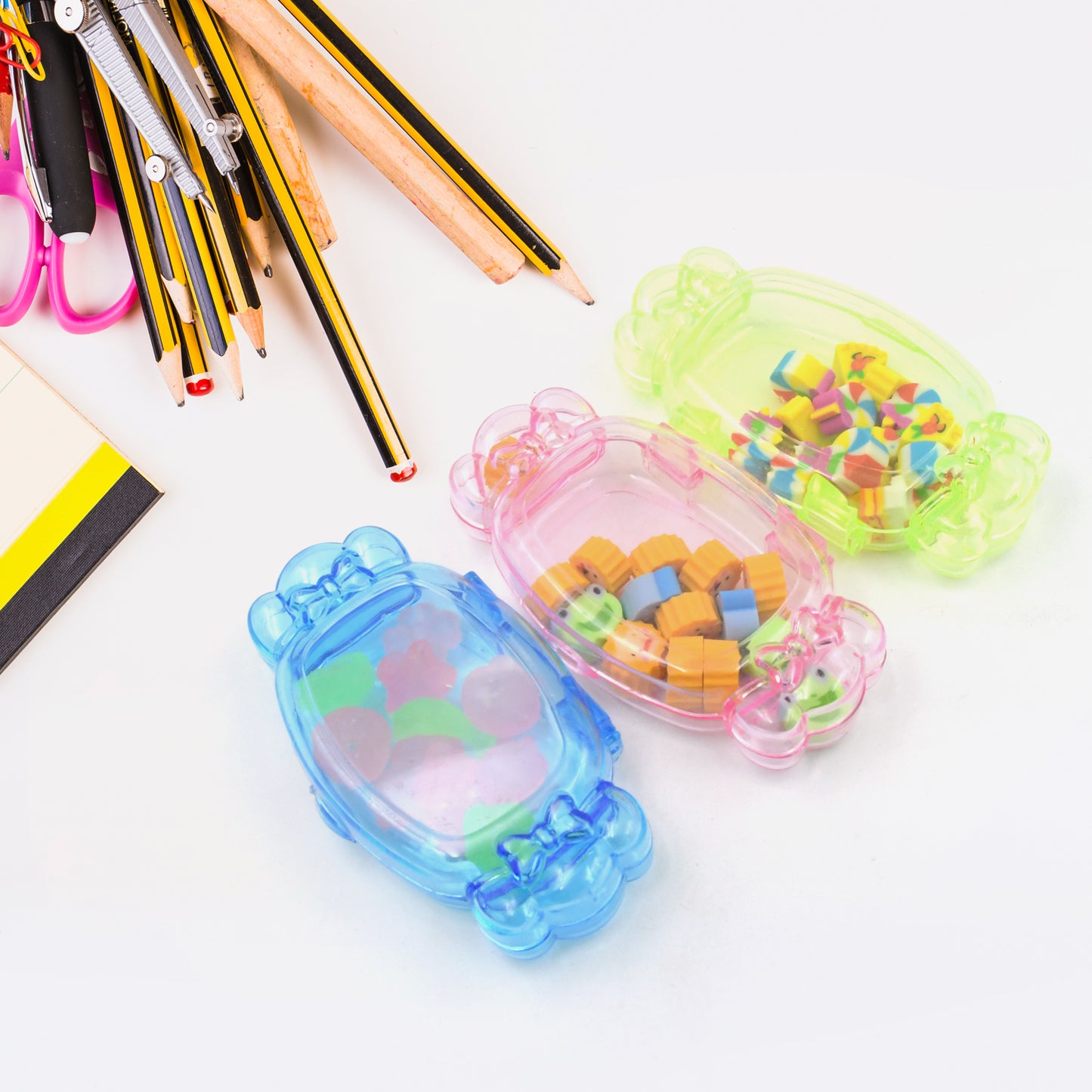 Cute erasers arranged in a compact set