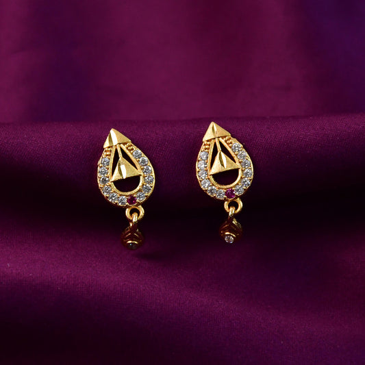Premium Teardrop Gold Earrings with Cutwork Design & Hanging Stone