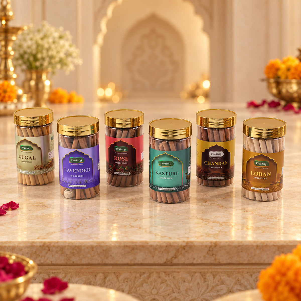 Assorted Fragrance Dhoop Sticks Jar Combo for Daily Puja (6 In 1, 100 Gm Each)