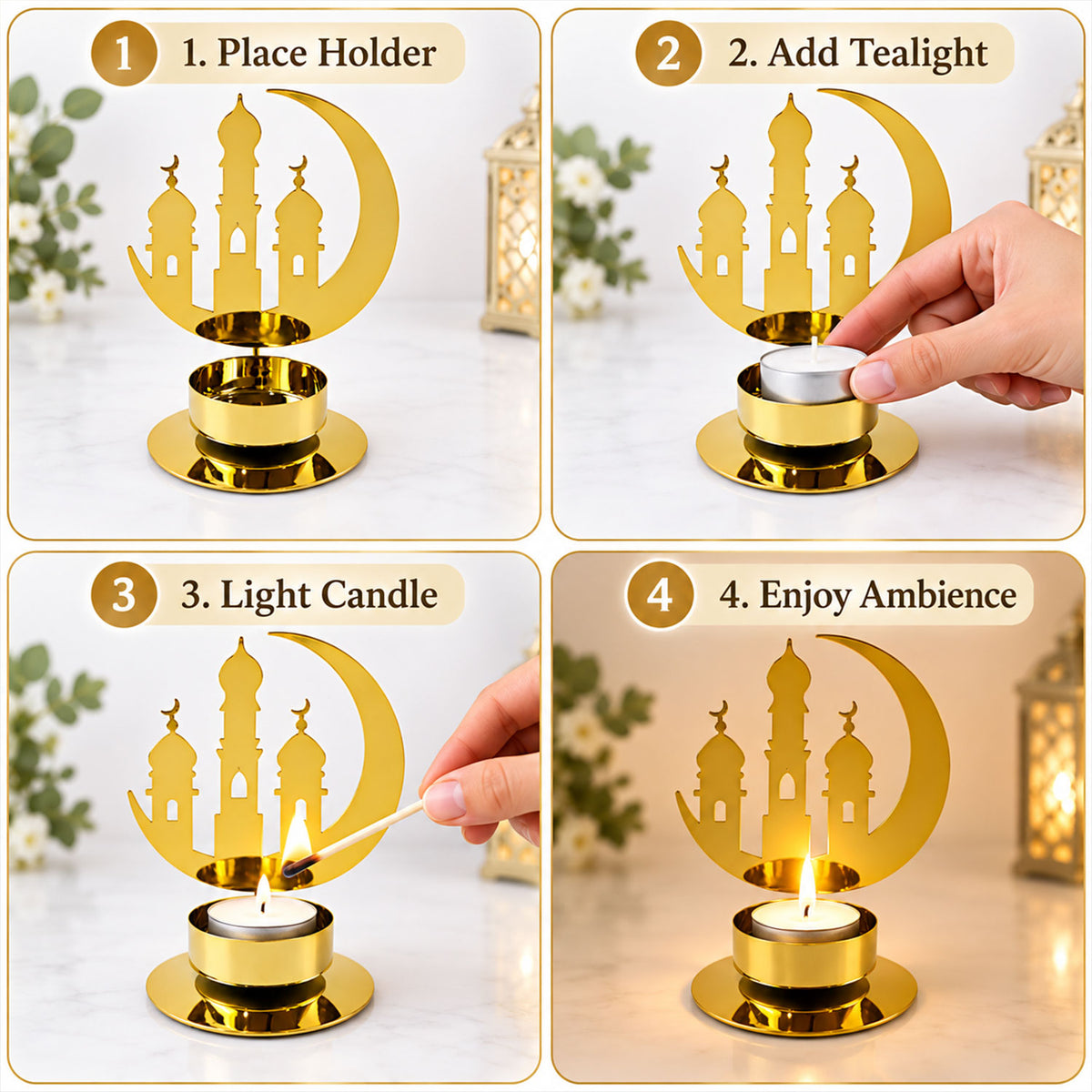 A four-panel graphic showing how to place, add, light, and enjoy a tealight candle in the holder.