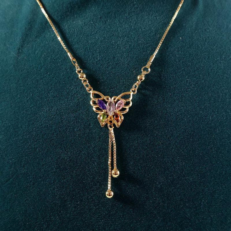 Gold-Plated Butterfly Pendant Necklace with Multicolor Crystals for Women
