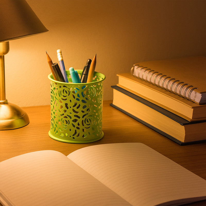 Khyati Roseira Metal Pen Stand – Elegant Floral Cutwork Desk Organizer for Office & Study