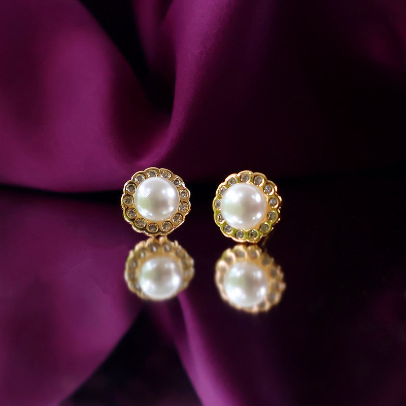 Classic Round Pearl and CZ Stone Stud Earrings for Women