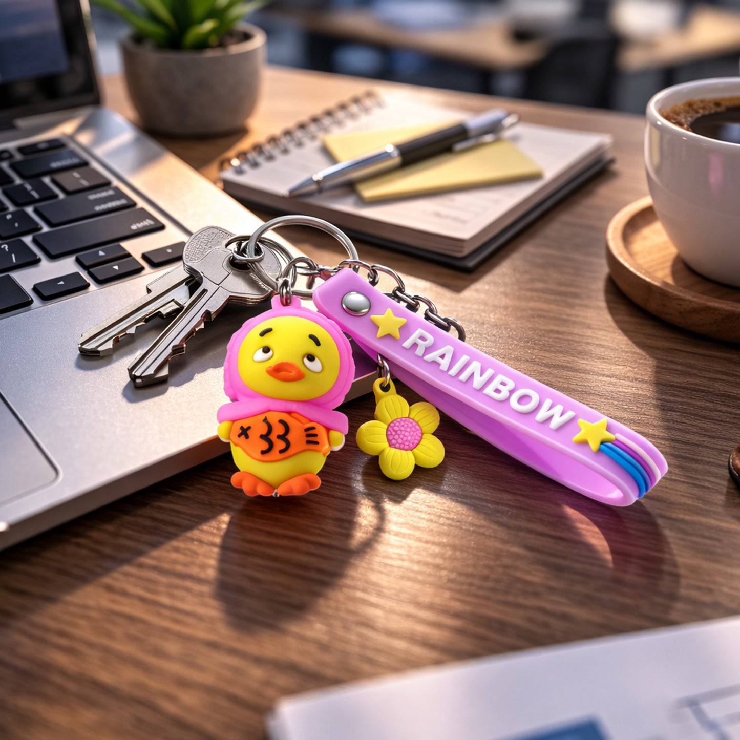 Keychain hanging showing colorful rainbow silicone strap