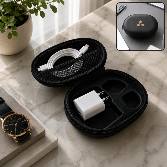 An open black oval hard shell case displays a coiled white cable in a mesh pocket and a white adapter in a molded