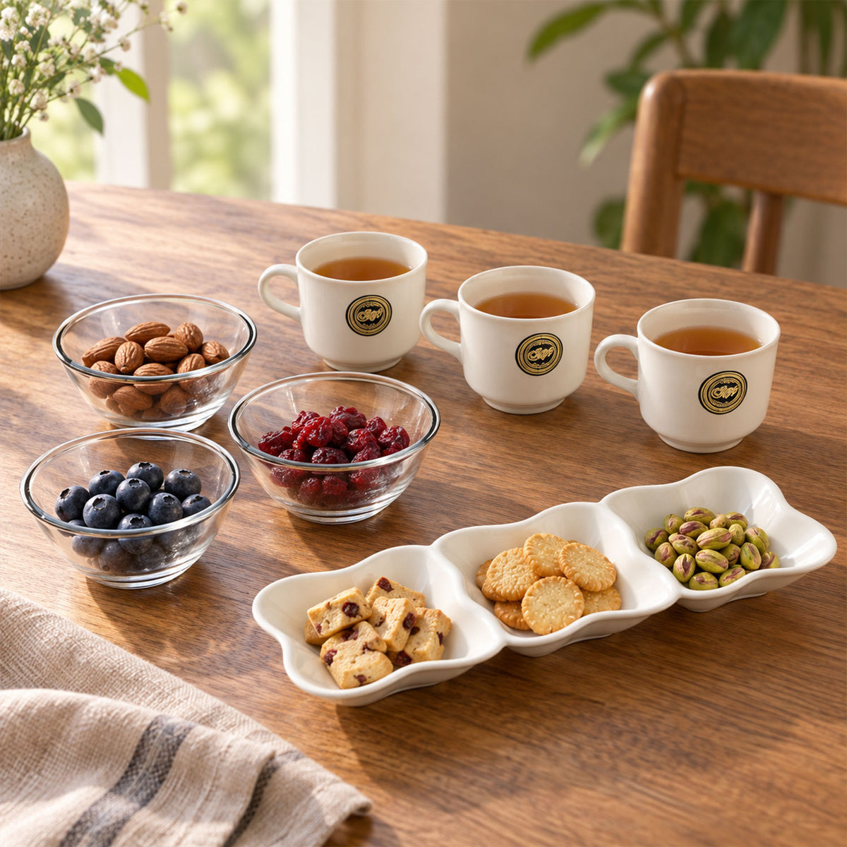 Three white ceramic mugs with a light brown beverage, two clear glass bowls with almonds and blueberries, and a