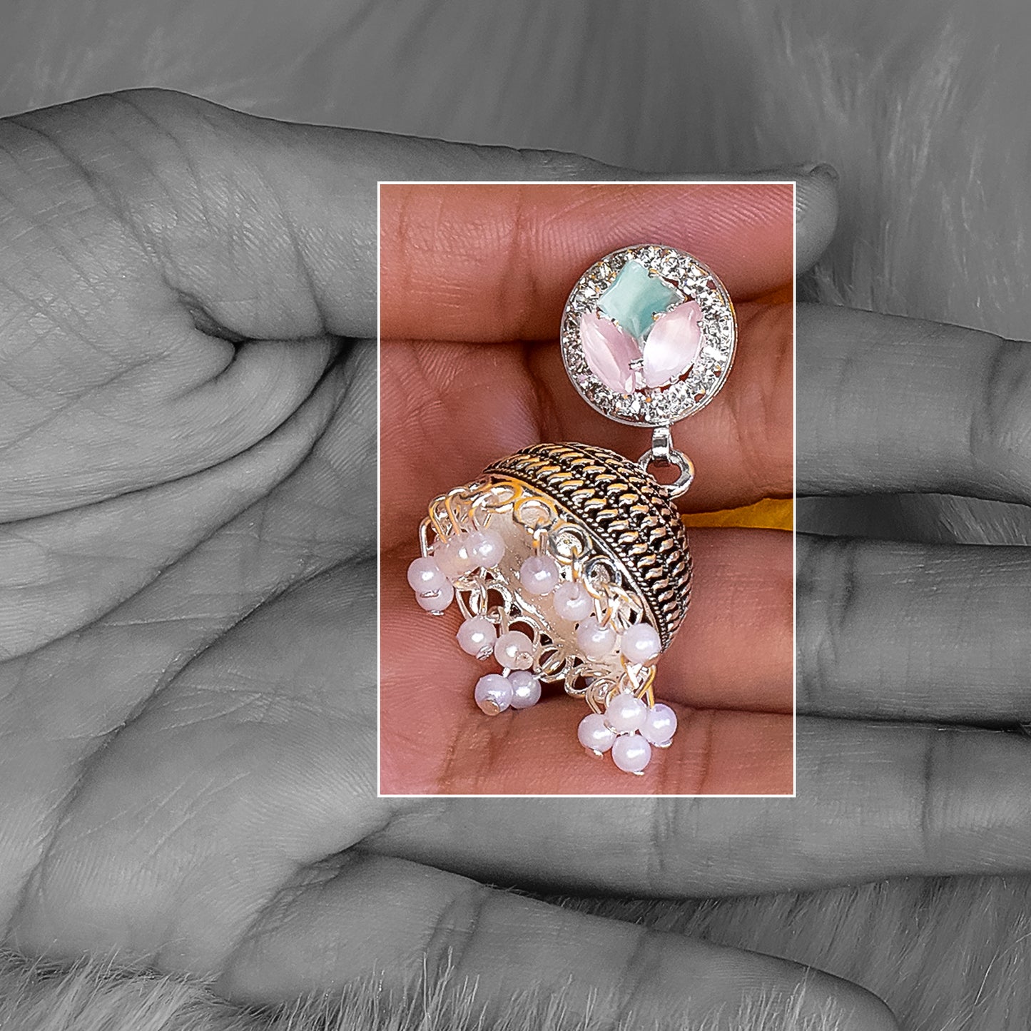 Pearl stud with blue & pink contemptory jhumka