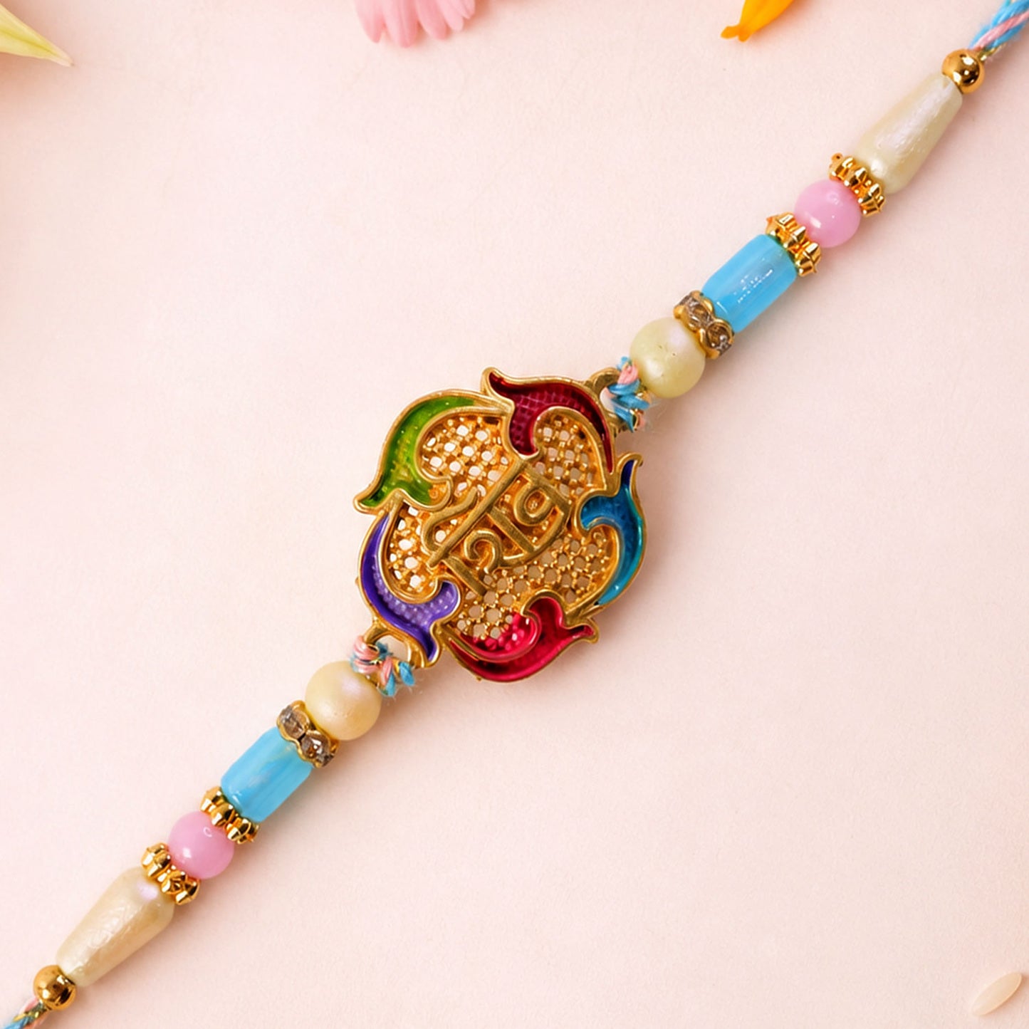 Meenakari Shiv Pendant Rakhi with Multicolor Beads