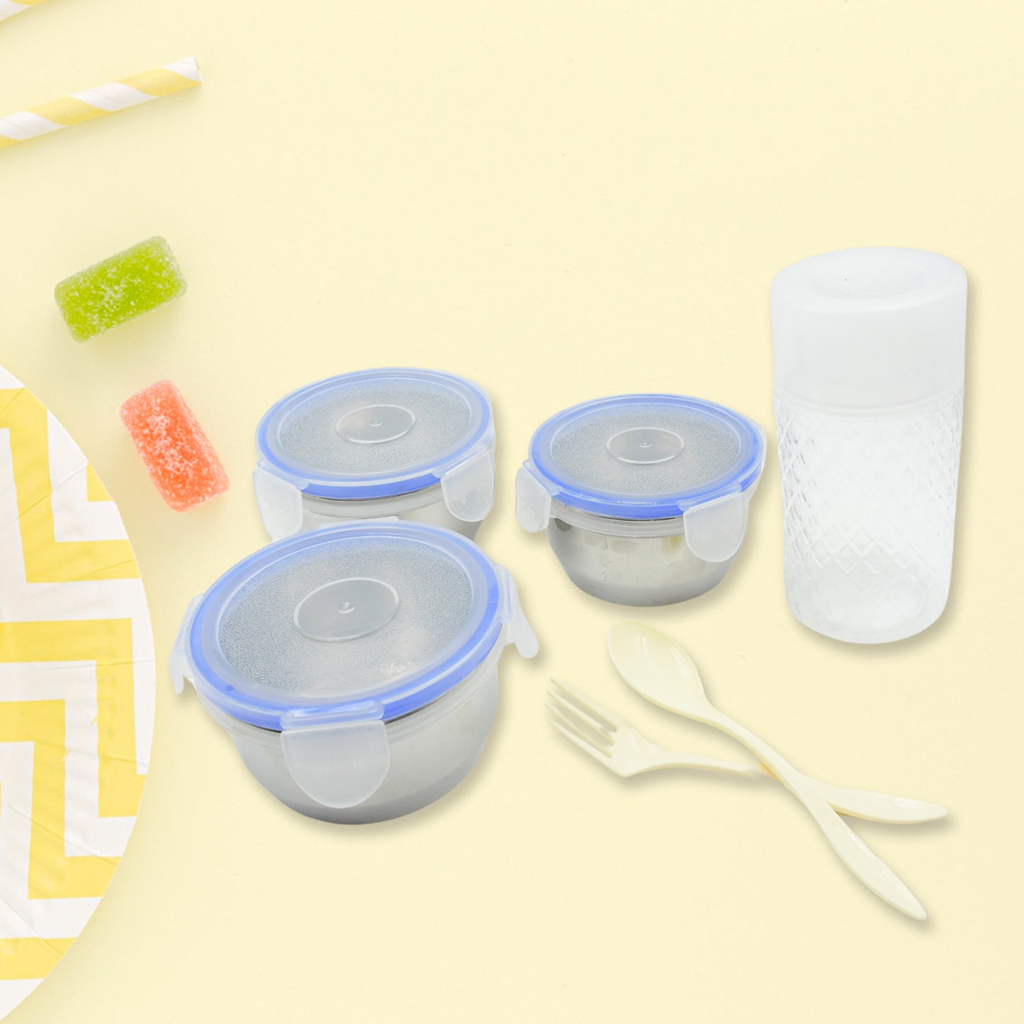 6In1 Tiffin Box-Lunch Box | 3 Stainless Steel Containers | Plastic lid Box | Spoon & Fork /Plastic Bottle | Insulated Fabric Bag | Leak Proof | Microwave Safe for Office, College and School (6 pcs)