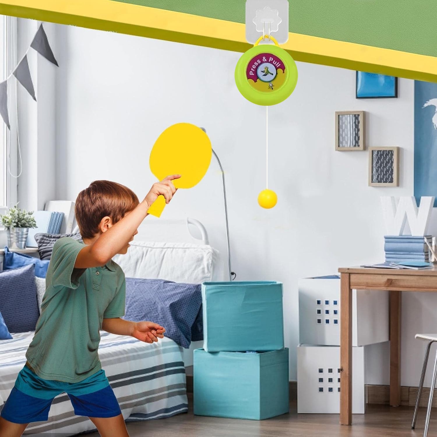 पोर्टेबल इनडोर हैंगिंग टेबल टेनिस पांच बॉल के साथ, टेबल टेनिस सेल्फ ट्रेनिंग सेट