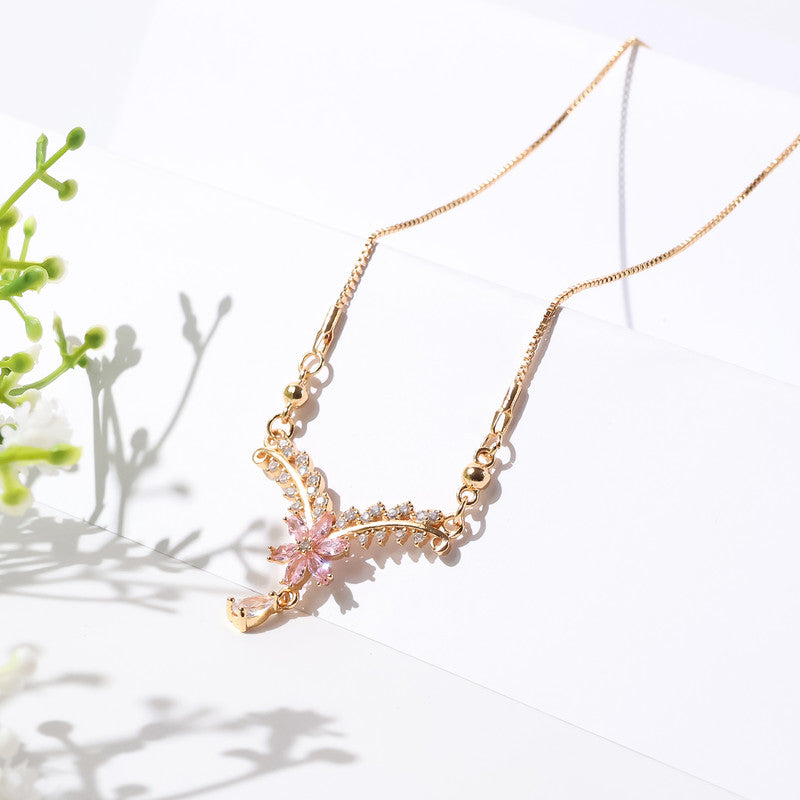 Elegant Floral V-Shape Pendant Necklace – Gold-Plated Chain with Sparkling Stones