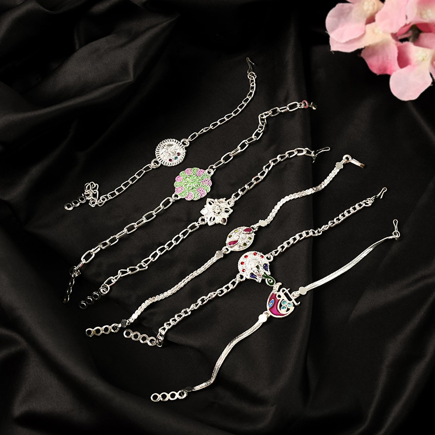 Stylish Mix Design Silver Chain Rakhi for Brother (1 pc / Mix Design)