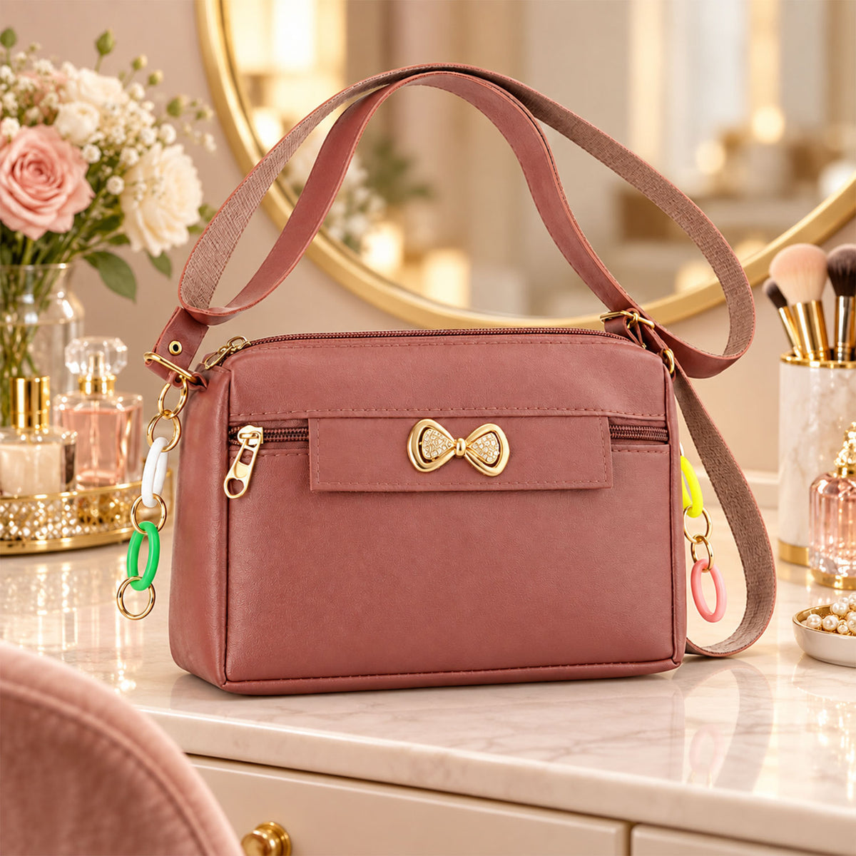 PU Leather Sling Bag for Women with Adjustable Strap and Bow (1 Pc)