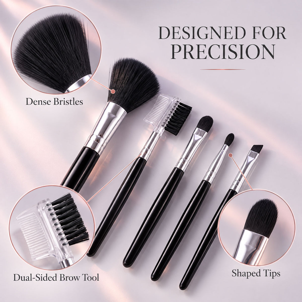 Mini Makeup Brush Set for Face Eye Brow and Lip Makeup with Compact Tools (5 Pc)