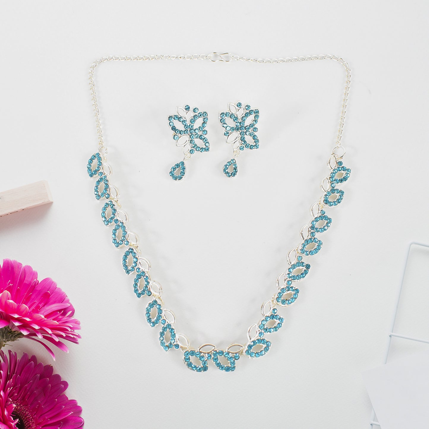 American Diamond Studded Floral Shaped Necklace With Earrings