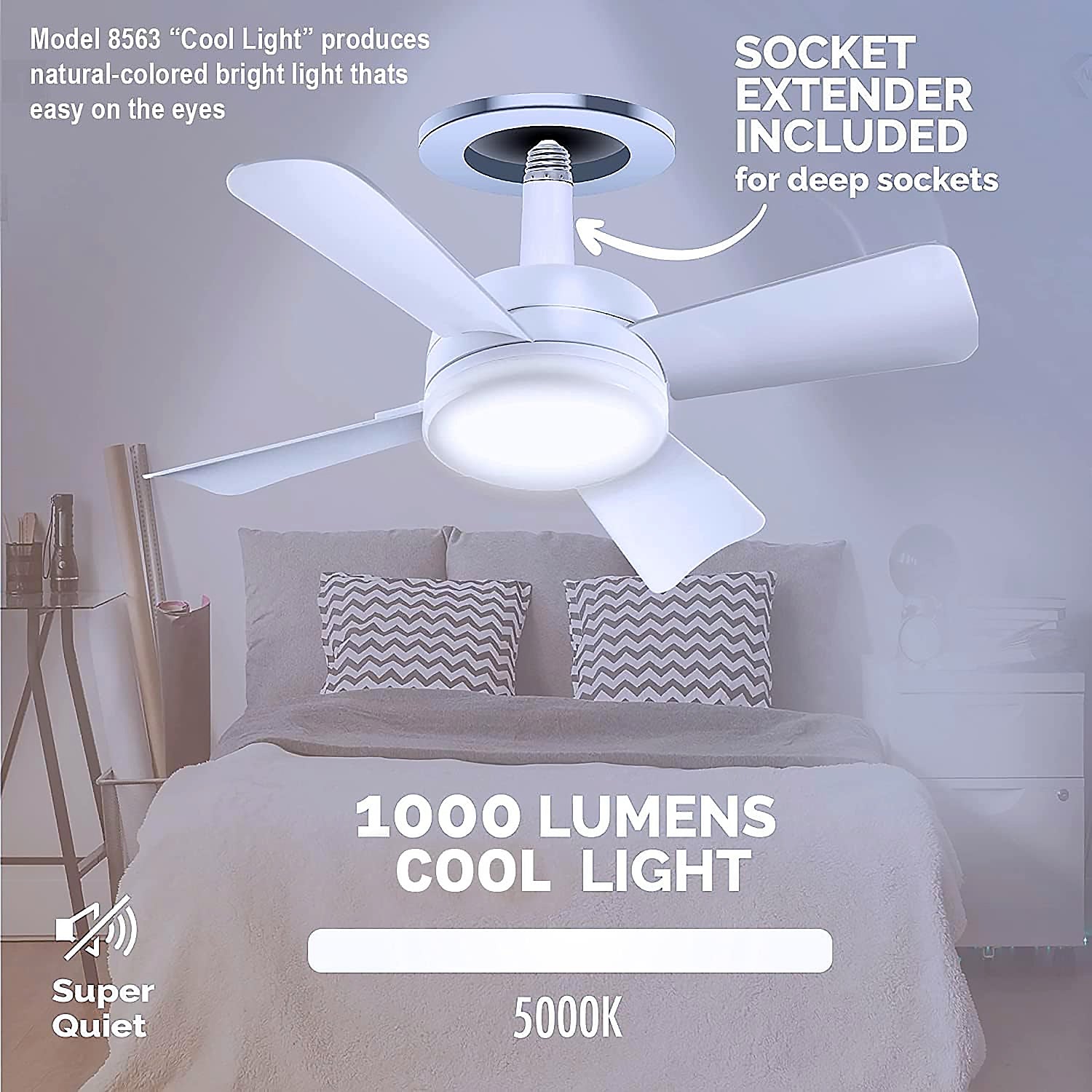 Original Cool LED Socket Fan Light – Ceiling Fan Replacement, 1000 Lumens/5000K, Remote Controlled (Remote Battery Not Included)