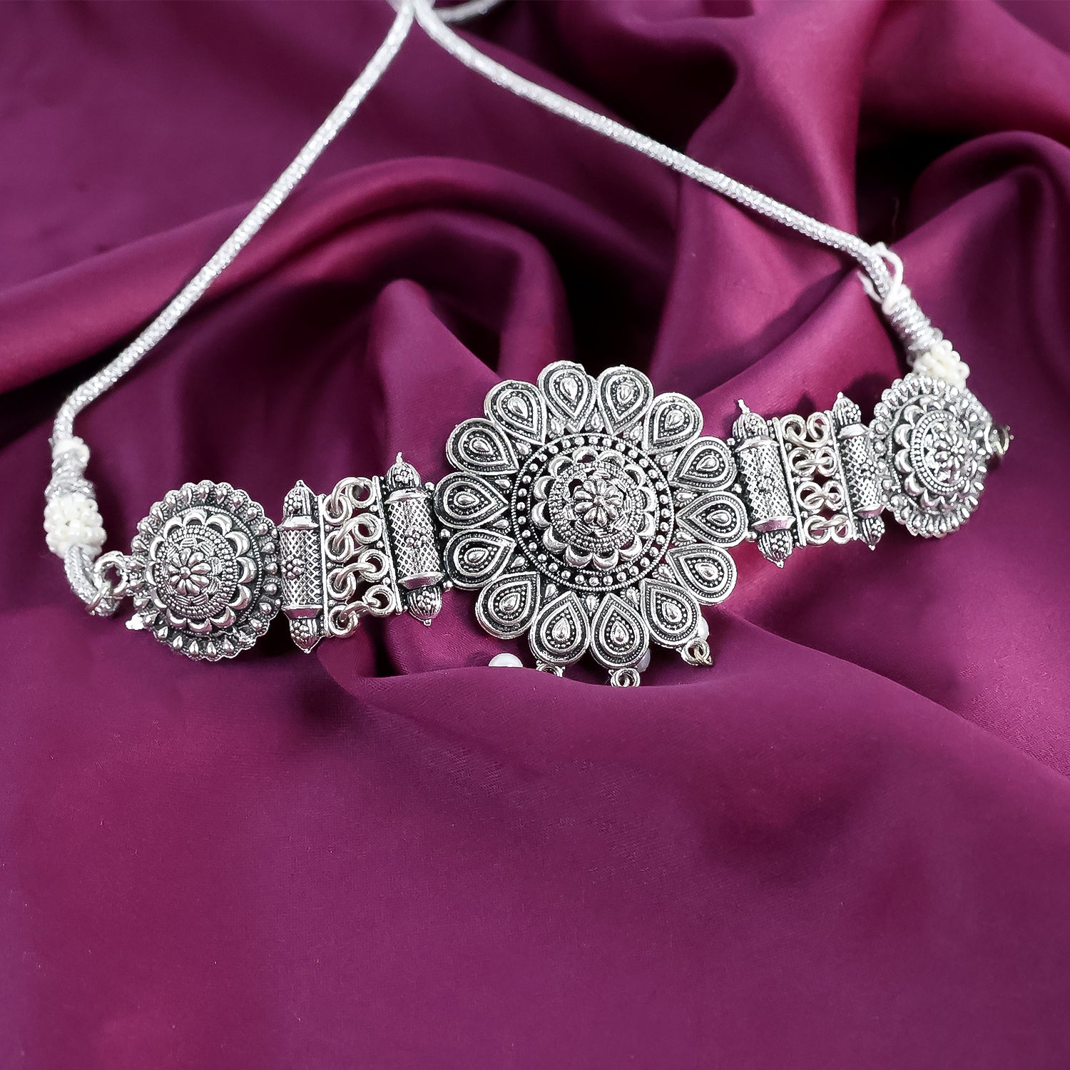 Oxidised Silver Choker With Matching Jhumas Earring For Women