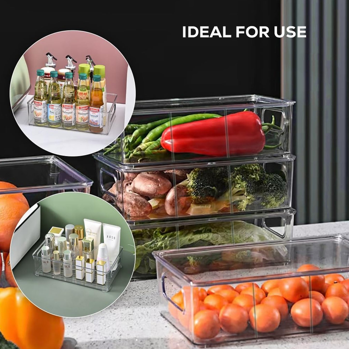 Plastic fridge organizer bin loaded with fruits