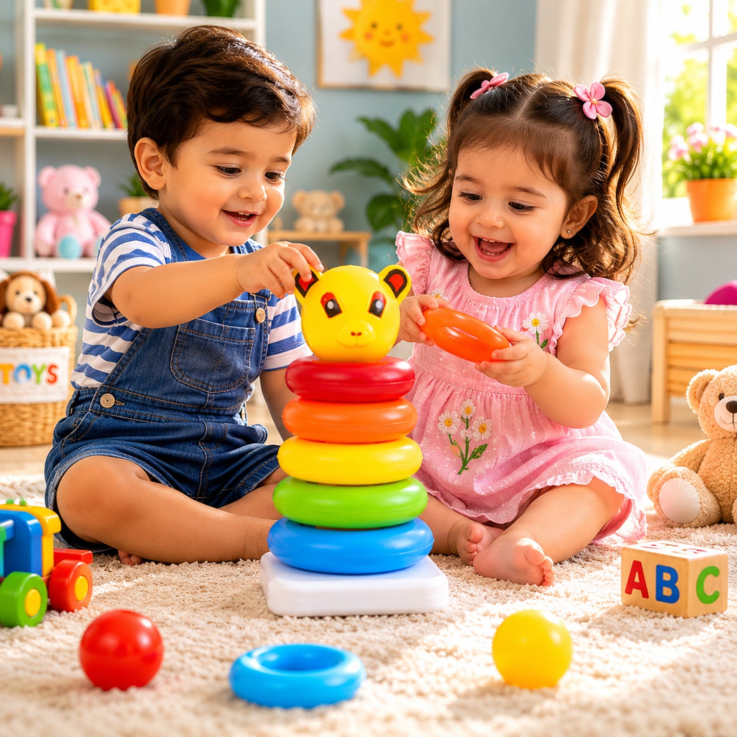 Stacked teddy rings toy showing size order