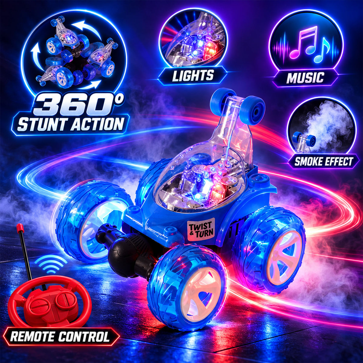 Remote Control Stunt Car with Music LED Lights and Water Spray Effect (1 Set)