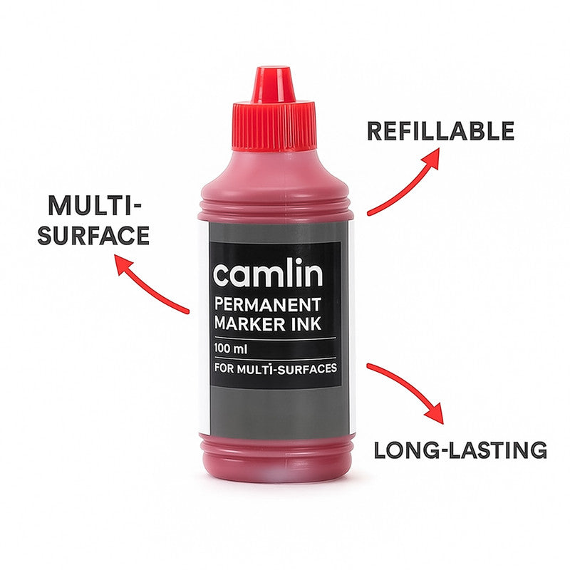 Camlin Permanent Marker Ink 100 ml – Red Color Refill Ink for Multi-Surfaces