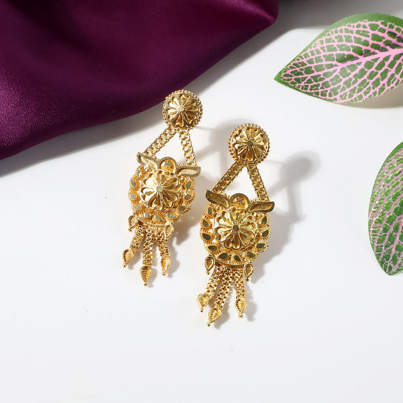 Gold-Tone Traditional Necklace Set with Ornamental Pendant & Matching Dangling Earrings