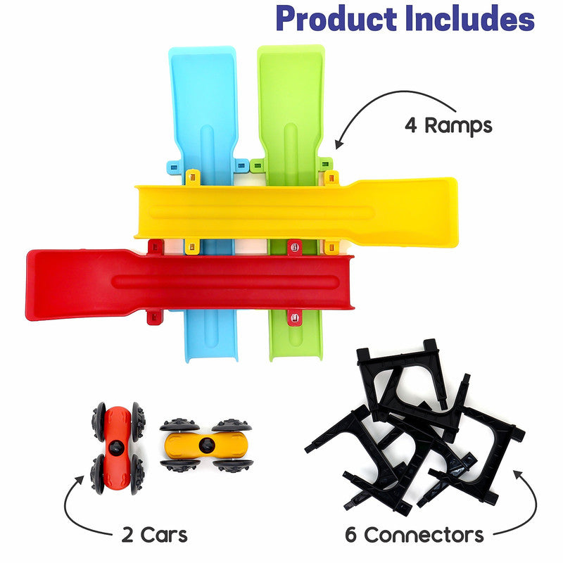 Aditi 4-Layer Colourful Ramp Racer Track Set with 2 Big-Wheel Cars & Connectors – Sturdy ABS Track Toy for Kids
