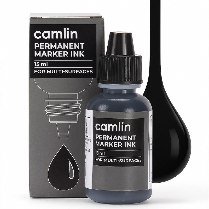 Camlin Permanent Marker Ink 15 ml – Black Color Refill Ink for Multi-Surfaces