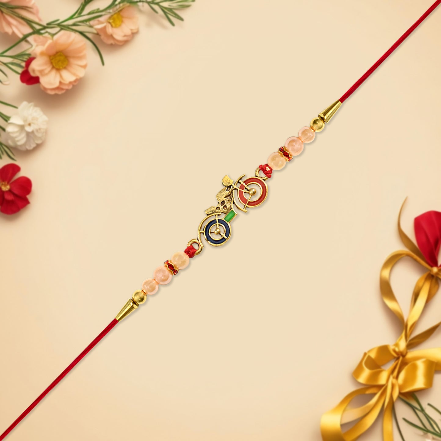 Motorbike Theme Rakhi with Golden Bike Charm and Pearl Beads – Trendy Raksha Bandhan Bracelet for Brother