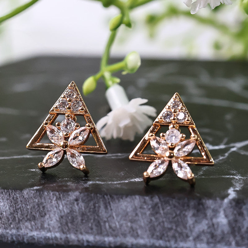 Trendy Triangle Floral Design CZ Stone Stud Earrings for Women