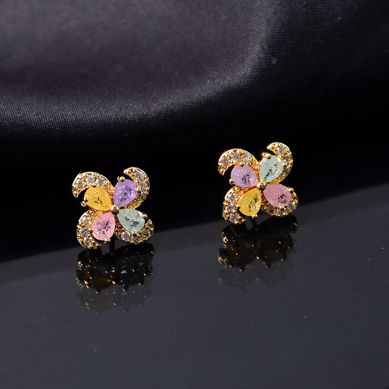 Pastel Crystal Flower Stud Earrings with Gold Finish for Women