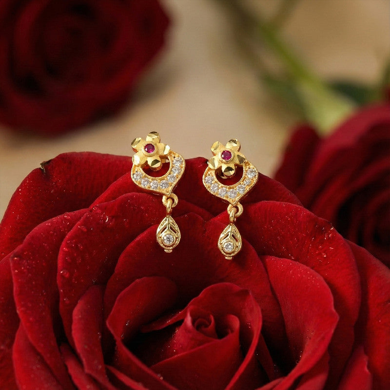 Elegant Gold Plated Stud Earrings with Ruby Accent & Drop Design