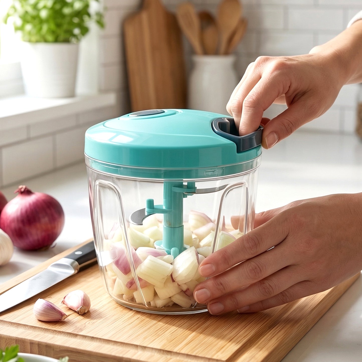 Hand held 6 Blade 2in1 Food Chopper in kitchen setting