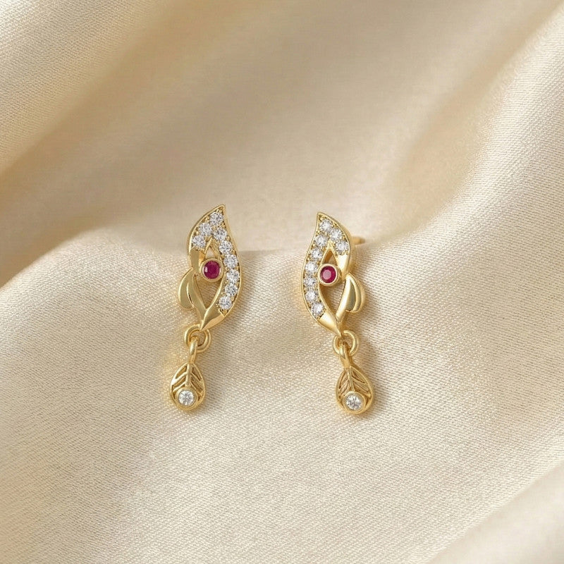 Stylish Leaf Pattern Gold Earrings with Stone Work & Drop Charm