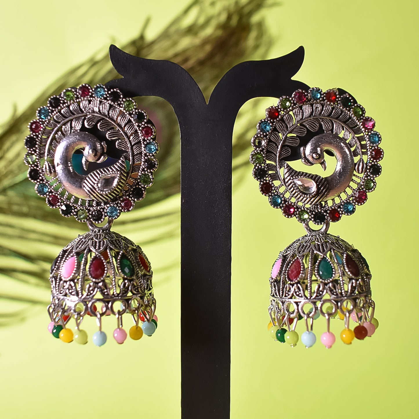 Peacock Styled Oxidised Alloy Drop & Dangler Earrings