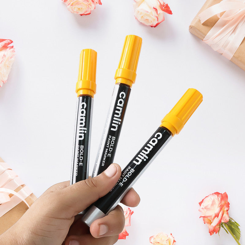 Camlin Bold-E Paint Marker – Yellow Colour, Permanent & Refillable Paint Markers for Industrial and Multi-Surface Marking – Pack of 10