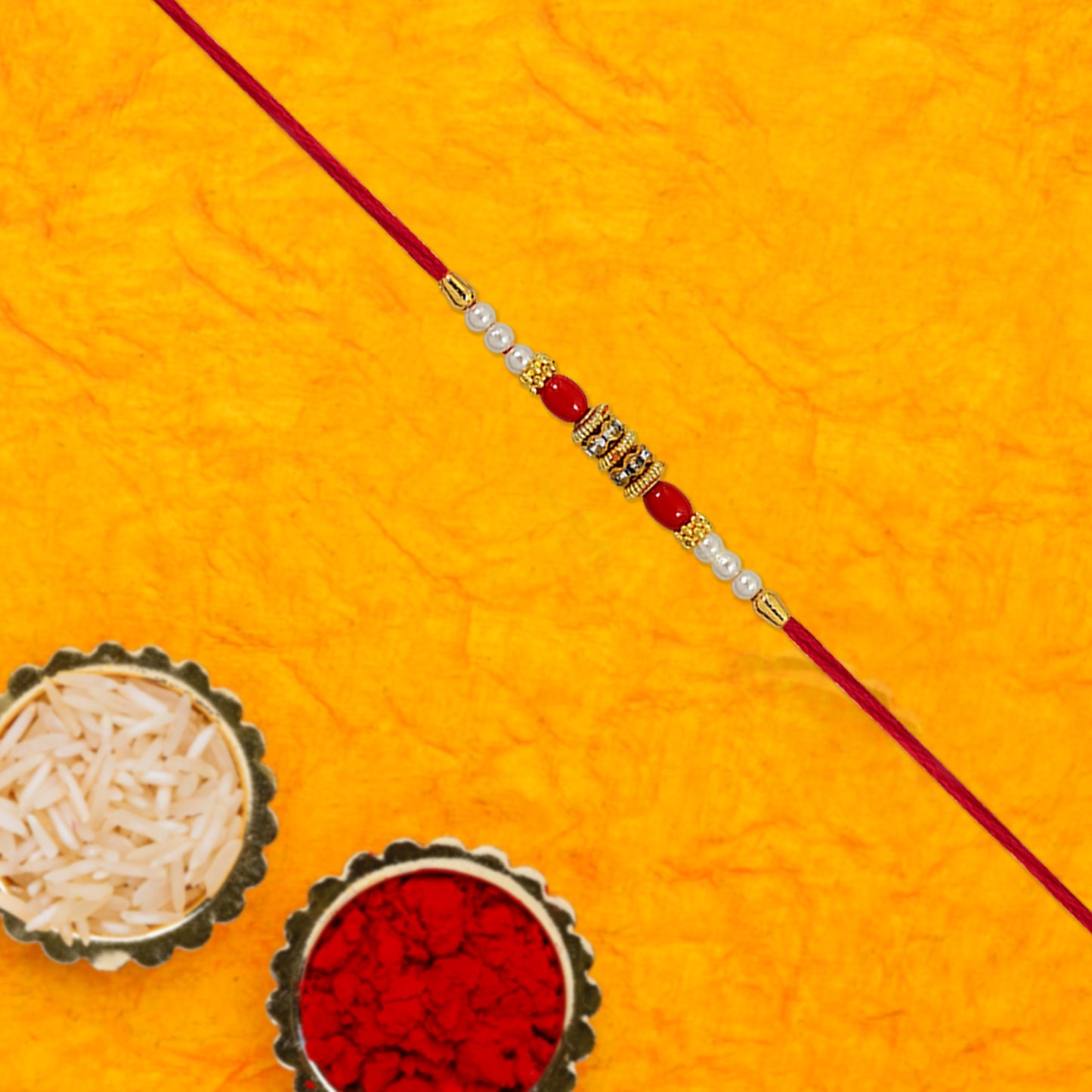 Traditional Pearl Beaded Rakhi with Red Beads & Golden Accents (1 Pc)