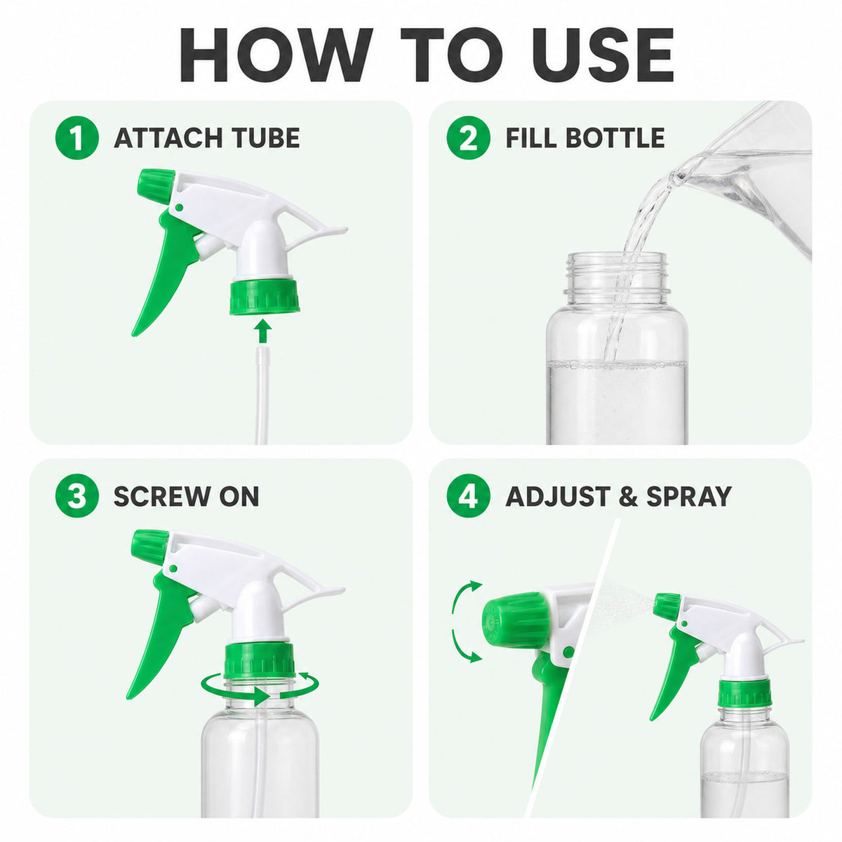 Four-panel guide illustrating how to attach, fill, screw on, and adjust the sprayer nozzle.