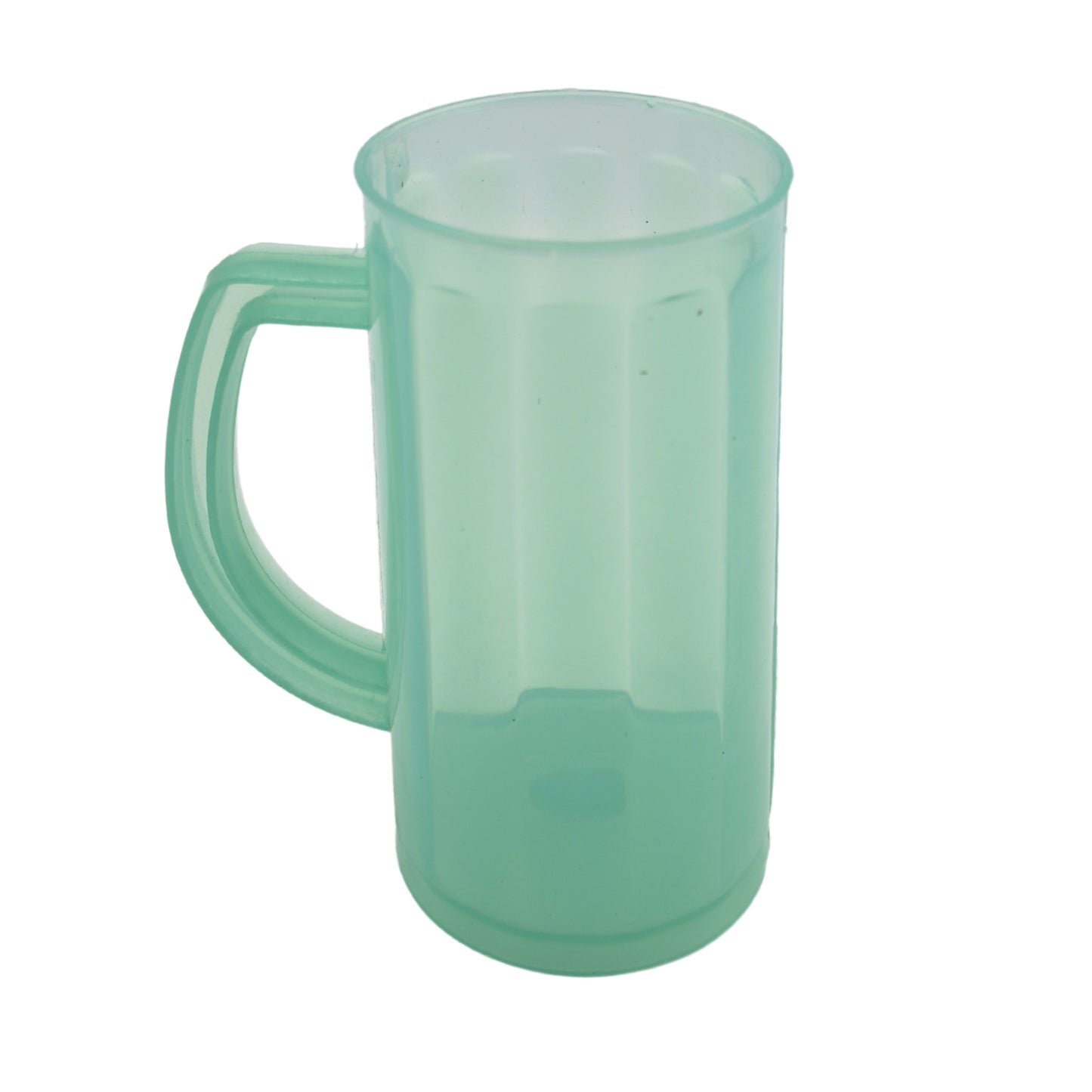 Close-up of clear plastic mug, side view