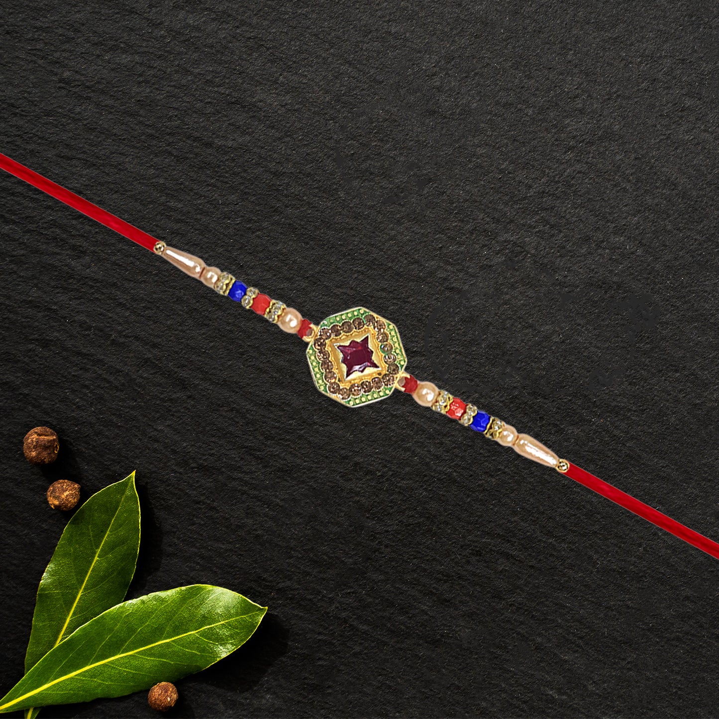 Designer Stone Rakhi with Red Centerpiece, Pearl Beads & Colorful Detailing – Elegant Thread for Raksha Bandhan