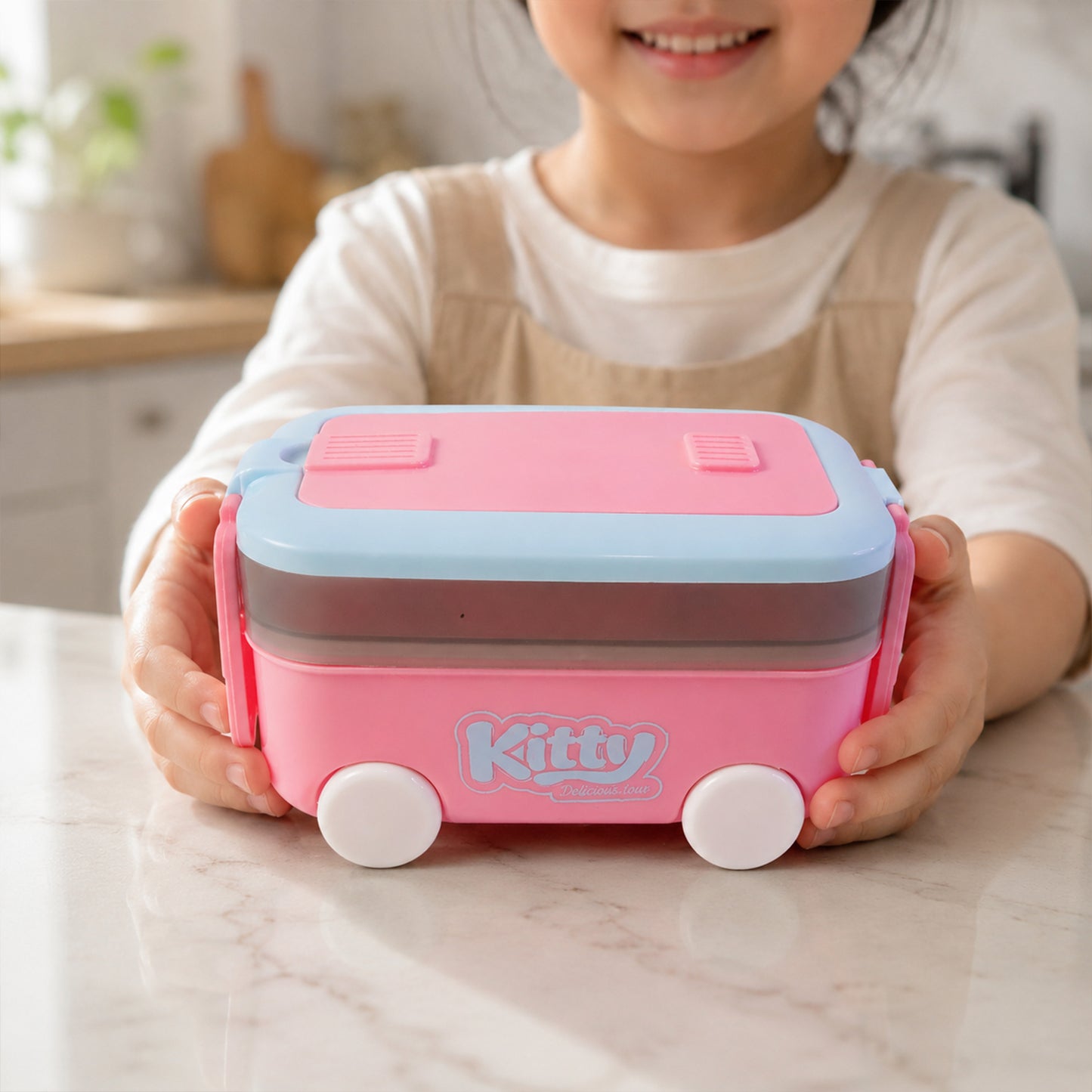 Car Shape Kids Lunch Box with Wheels Spoon and Fork for School Tiffin (1 Set)