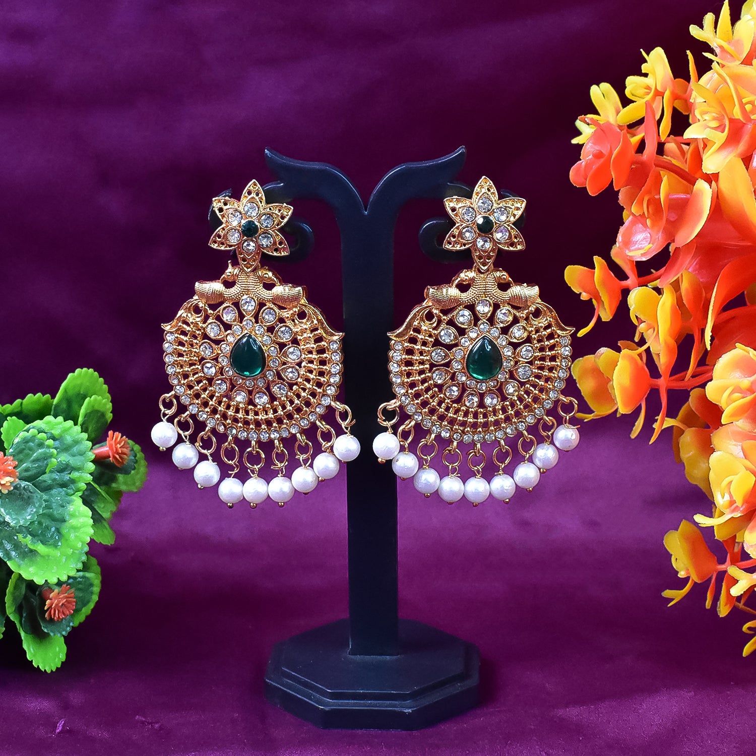 Beautiful Crafted Peacock Design American Diamond Pearl Earrings (1 Pair)