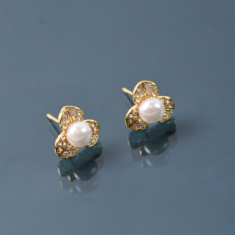 Pearl Center Clover Design Stud Earrings with Gold Finish for Women