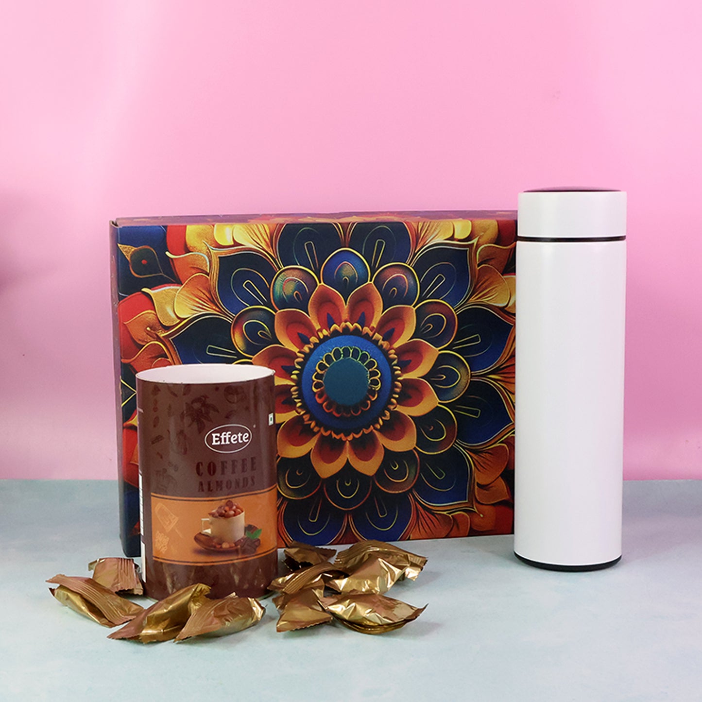 Effete Coffee Almonds Gift Hamper, Golden With Bottle (2 Pc Set)